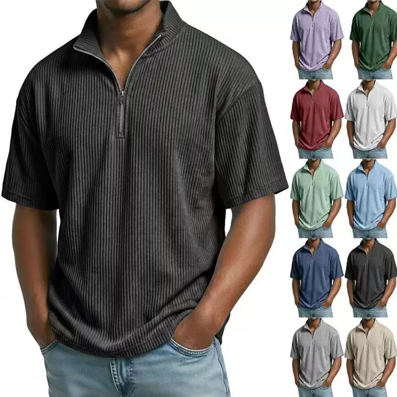 Corduroy Button Up Shirt Men - 夏用コーデュロイスタンドカラーシャツ メンズ 無地 ルーズカジュアルショルダー メンズ半袖