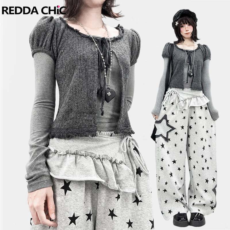Shirts - REDDACHiC パフスリーブカーディガンとトップスの2点セット。韓国風、グレー、レイヤードスタイル、スリムフィットTシャツ、カーディガン、グランジスタイル、秋物。