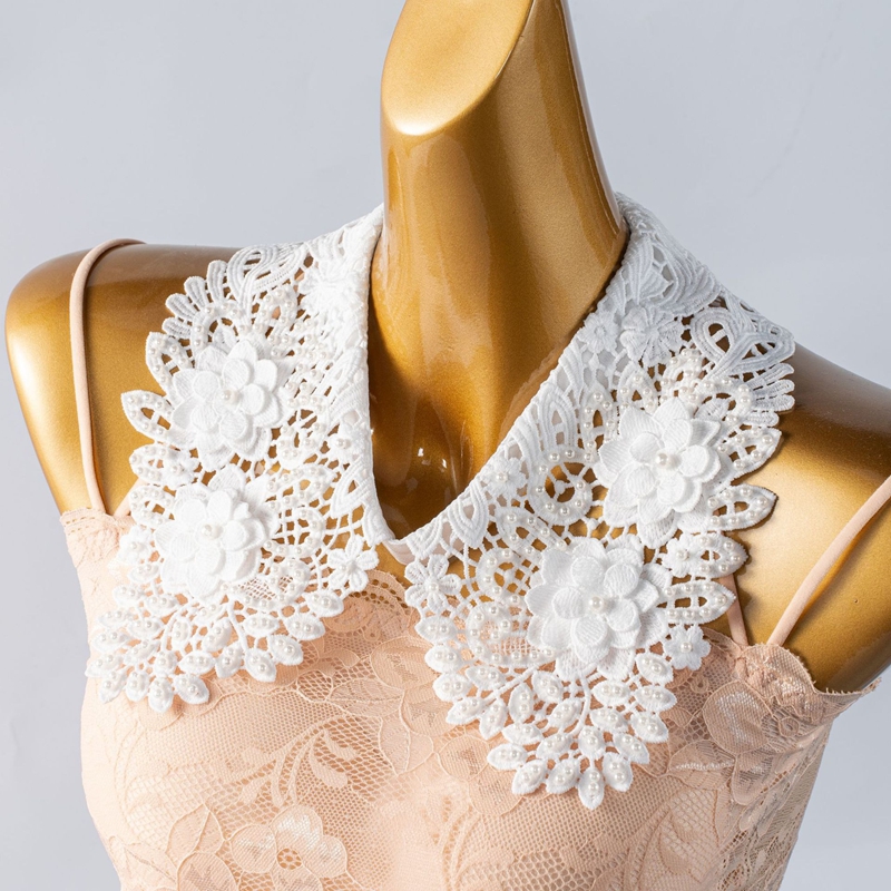 Shirts - くり抜きデザインのラペル、取り外し可能なフェイクカラー、パールと花の刺繍が施されたショール、装飾用の襟、セーター、シャツ、ドレスのアクセサリー。