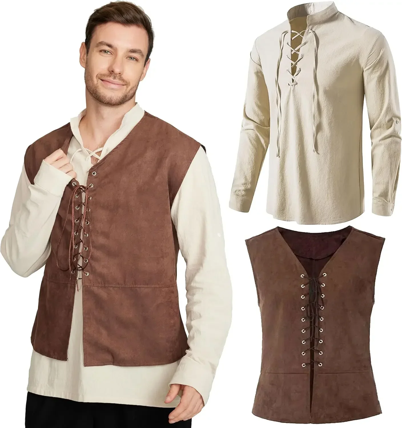 Medieval Gothic Lace Up Pirate Shirt - 2ピースセット メンズ中世海賊ベスト 長袖シャツ 中世ルネサンスコスチューム レースアップベスト ゴシックシャツ