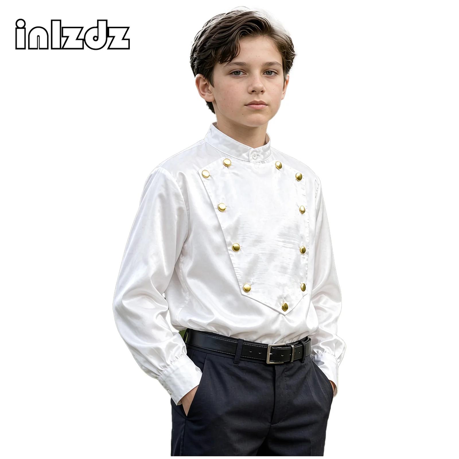 Shirts - 男の子向け、中世ルネサンス風、ヴィンテージサテンシャツ、ハロウィーン、ヴァンパイアコスプレ衣装、ビクトリア朝風、フォーマルパーティー、長袖シャツ、トップス。