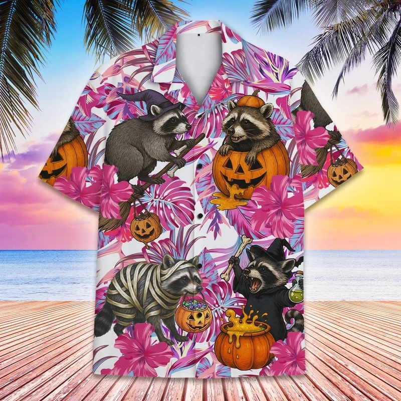 メンズサマーハワイアンラクーンパンプキンY2Kスカルシャツ、 - Vintage Hawaiian Floral Shirt のレビューと価格
