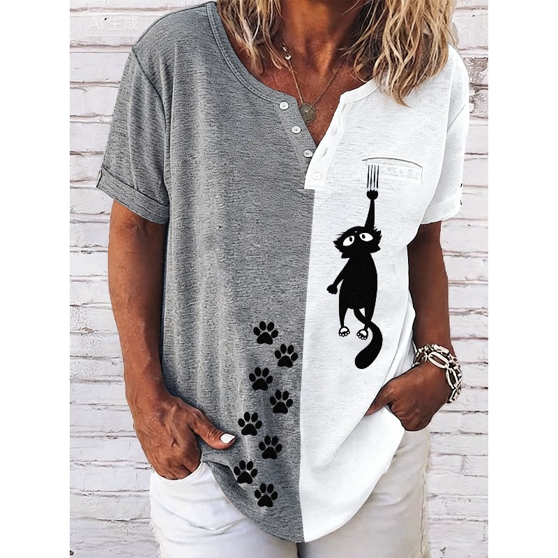 ilstile 女性の黒猫の足跡プリント Tシャツ夏半袖カジ - Shirts のレビューと価格