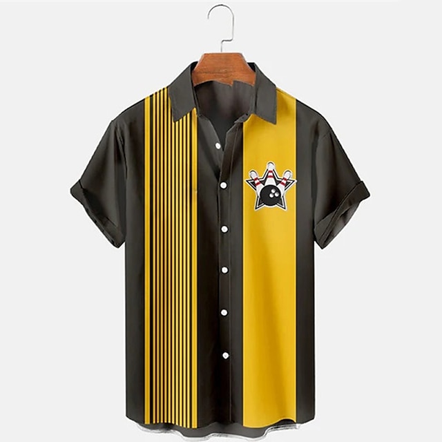 メンズストライプボウリングパターンプリント半袖ラペルシャツレ - Short Sleeve Bowling Shirt Retro のレビューと価格