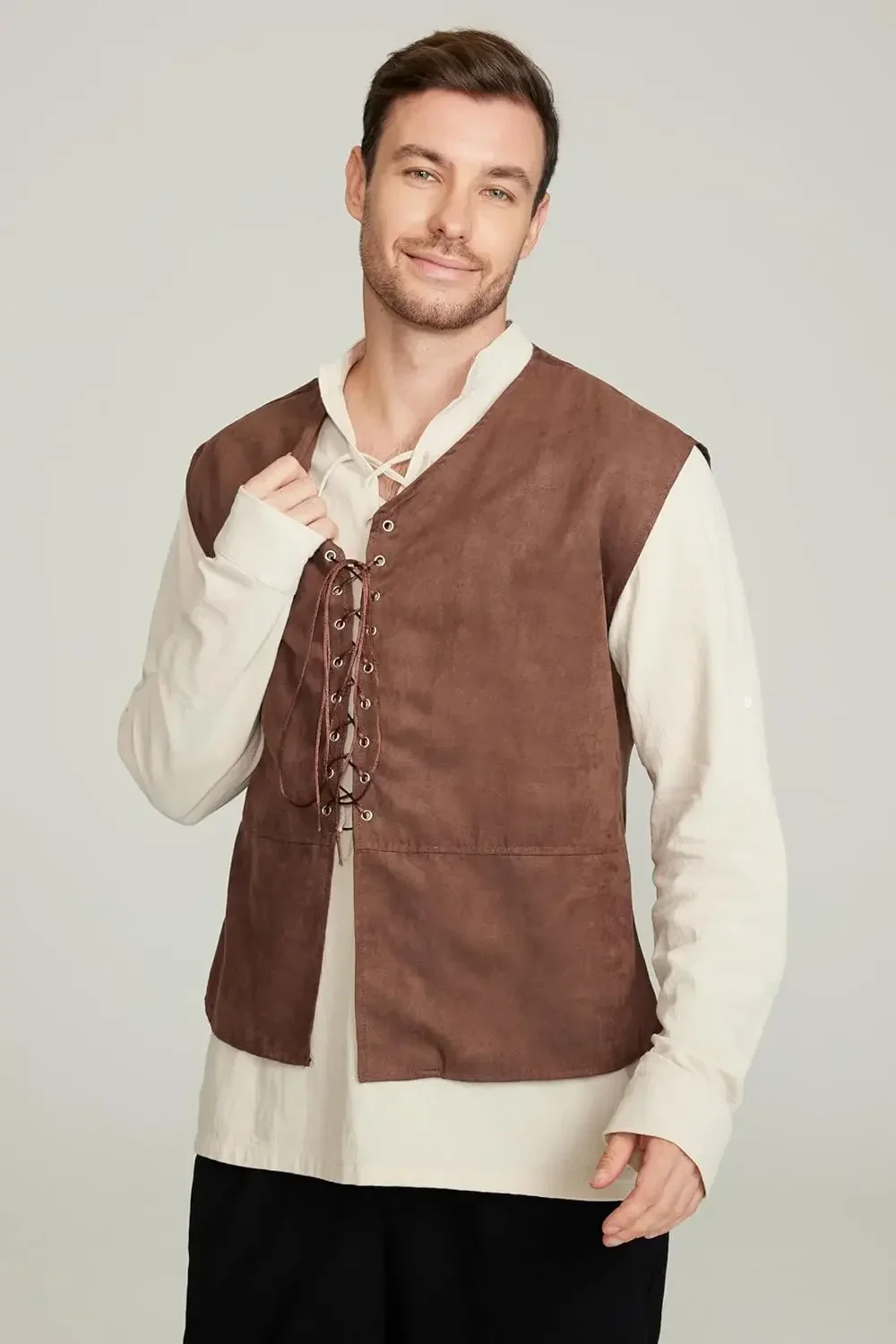 2ピースセット メンズ中世海賊ベスト 長袖シャツ 中世ルネサ - Medieval Gothic Lace Up Pirate Shirt のレビューと価格