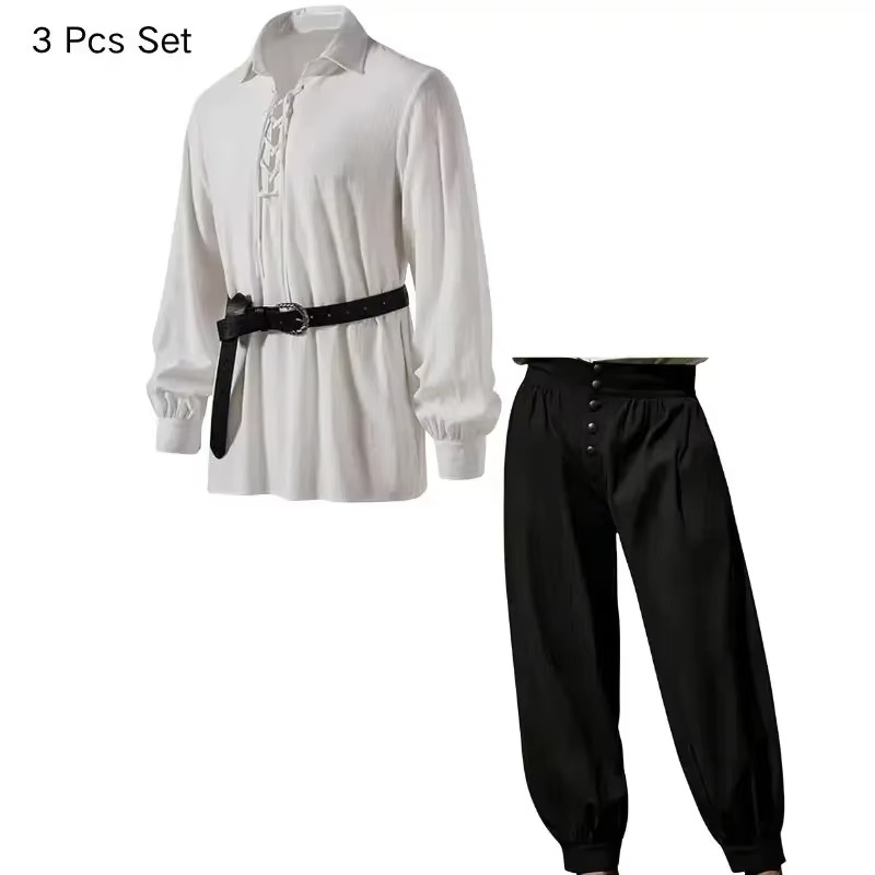 男性用、中世風バイキング海賊コスチューム3点セット。ルネサン - Medieval Gothic Lace Up Pirate Shirt のレビューと価格
